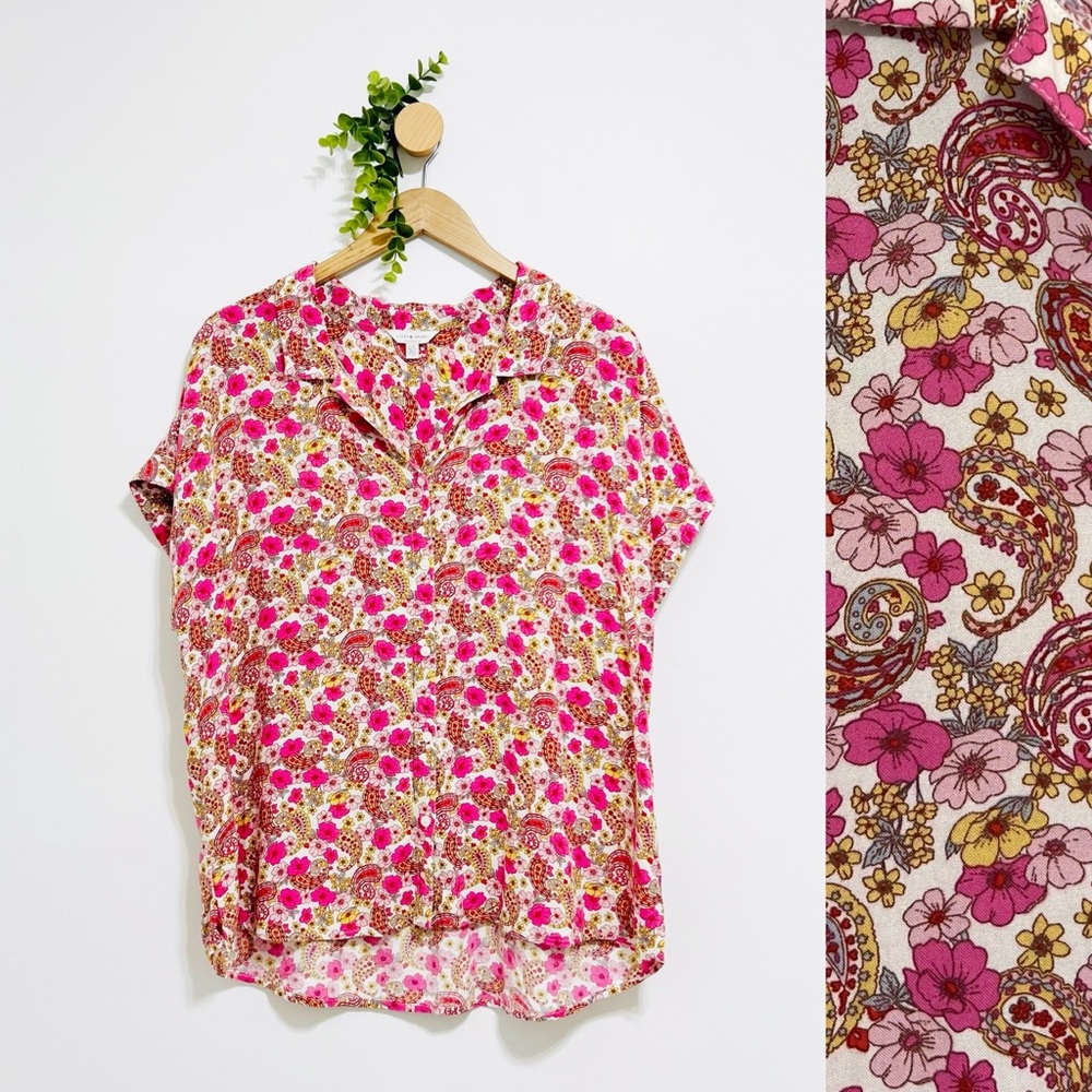 Lucky Brand Pink Ditsy Floral Paisley Button Front 100% Viscose Blouse